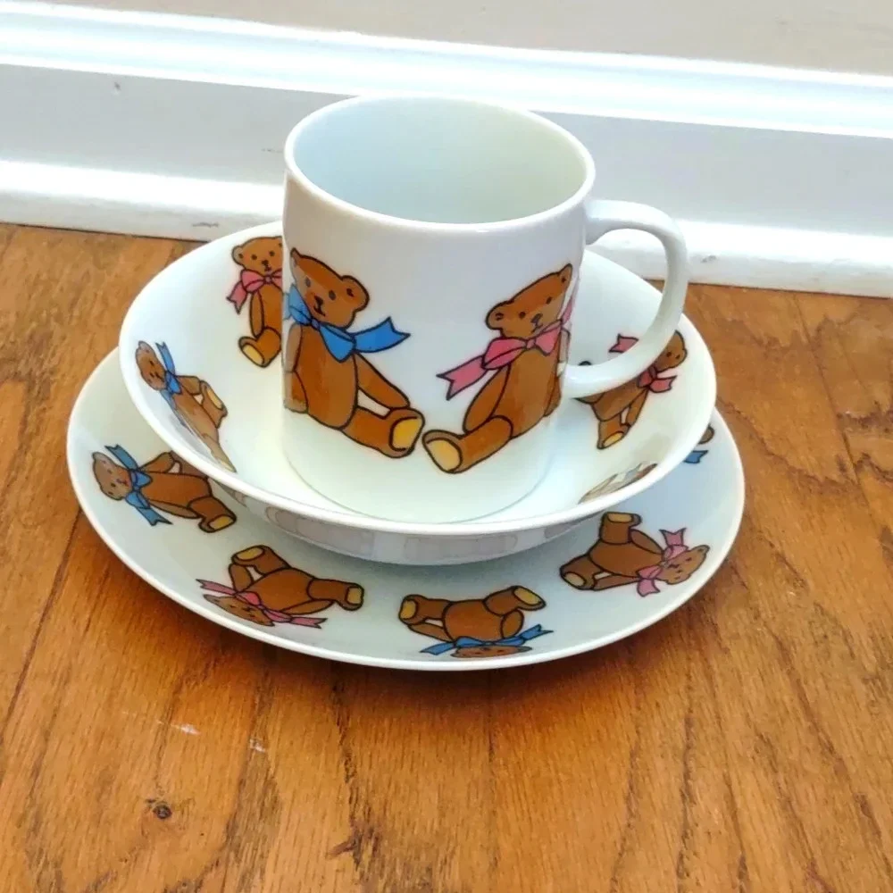 Vintage Japan Childs Porcelain Serving Set with Brown Bears with Bows